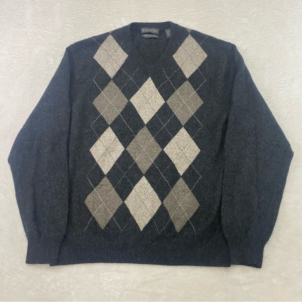 Giasone 100% Cashmere Sweater Mens 2XL XXL Gray Argyle Geometric Grandpa Style